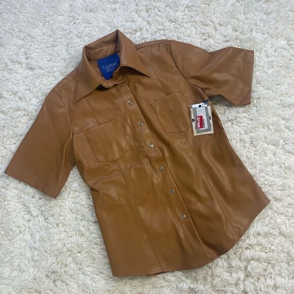 Simon Miller Bandera Shirt Vegan Leather Short Sleeve Button Up Shirt - Picture 2 of 7